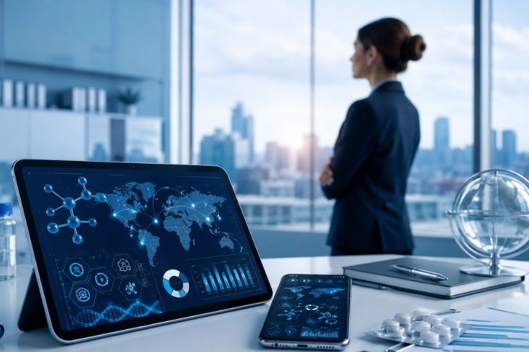 Dispositivos digitales con información médica en una oficina corporativa, representando servicios de traducción médica y farmacéutica para laboratorios, fabricantes de dispositivos médicos y empresas de ciencias de la vida en España.
