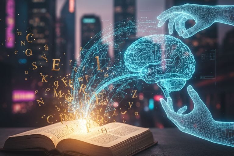 Representación artística de la evolución de la traducción: de las páginas de un libro clásico a una interfaz de inteligencia artificial adaptativa manipulada por manos humanas.