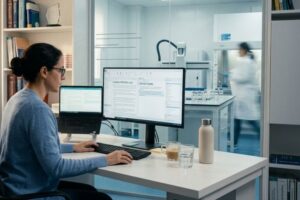 Especialista en asuntos regulatorios revisando documentación digital en un laboratorio farmacéutico.